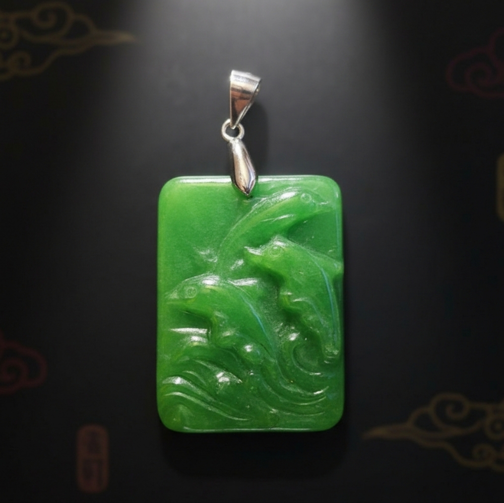 Green Jade Sterliing Silver Dolphin-Carved Pendant